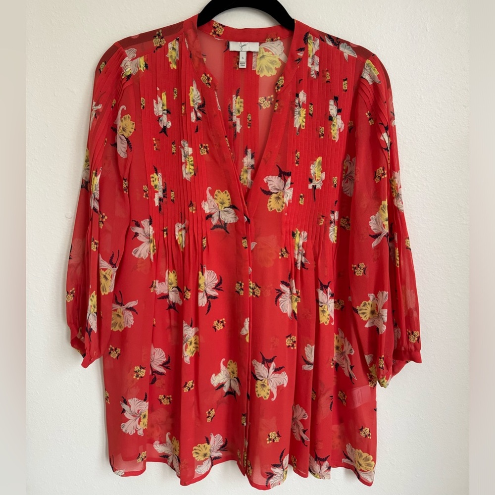Joie red, floral, sheer blouse, size small